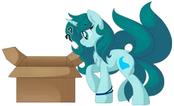 Size: 2349x1438 | Tagged: safe, artist:pearlyiridescence, derpibooru import, oc, oc:ambient waves, unofficial characters only, pony, unicorn, box, bracelet, jewelry, kitsune, multiple tails, question mark, simple background, solo, transparent background