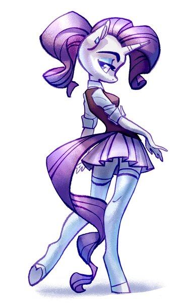 Size: 2224x3820 | Tagged: safe, artist:holivi, derpibooru import, rarity, anthro, unguligrade anthro, unicorn, alternate hairstyle, clothes, female, legs, mare, miniskirt, pleated skirt, ponytail, school uniform, shirt, simple background, skirt, socks, solo, stockings, sweater vest, thigh highs, white background, zettai ryouiki