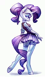 Size: 2224x3820 | Tagged: safe, artist:holivi, derpibooru import, rarity, anthro, unguligrade anthro, unicorn, alternate hairstyle, clothes, female, legs, mare, miniskirt, pleated skirt, ponytail, school uniform, shirt, simple background, skirt, socks, solo, stockings, sweater vest, thigh highs, white background, zettai ryouiki