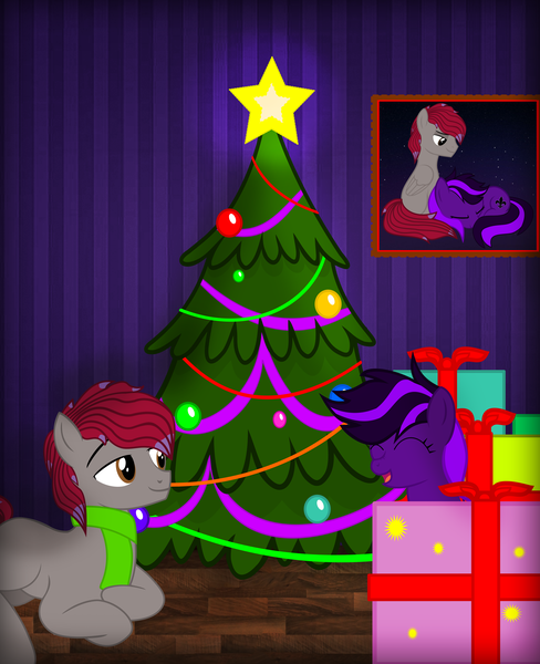 Size: 3500x4300 | Tagged: safe, artist:kiodima, derpibooru import, oc, oc:jankie, oc:kioshka, pony, christmas, christmas tree, happy, holiday, kioshkie, tree, vector