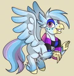 Size: 1642x1701 | Tagged: safe, artist:acluigiyoshi, derpibooru import, oc, unofficial characters only, classical hippogriff, hippogriff, clothes, female, interspecies offspring, magical lesbian spawn, offspring, parent:gilda, parent:rainbow dash, parents:gildash, scarf, simple background, solo, tan background