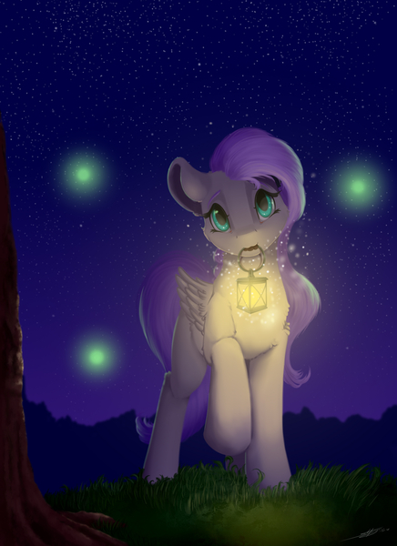 Size: 2000x2750 | Tagged: safe, artist:skitsniga, derpibooru import, fluttershy, pegasus, pony, female, folded wings, lantern, looking at you, mare, mouth hold, night, raised hoof, solo, standing, wings