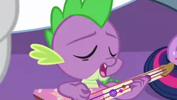 Size: 1280x720 | Tagged: alicorn, best gift ever, derpibooru import, dragon, guitar, musical instrument, offscreen character, rarity, safe, screencap, spike, twilight sparkle, twilight sparkle (alicorn)