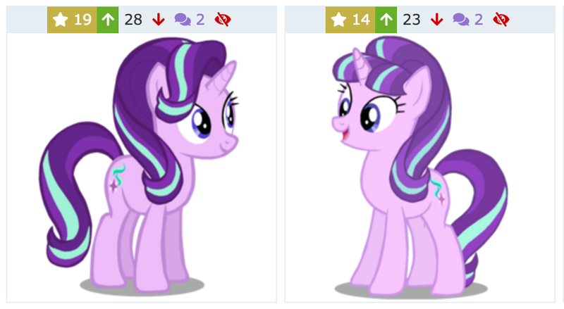 Size: 932x511 | Tagged: artist:twilirity, comparison, derpibooru, derpibooru import, juxtaposition, mane, meta, s5 starlight, safe, self ponidox, starlight glimmer