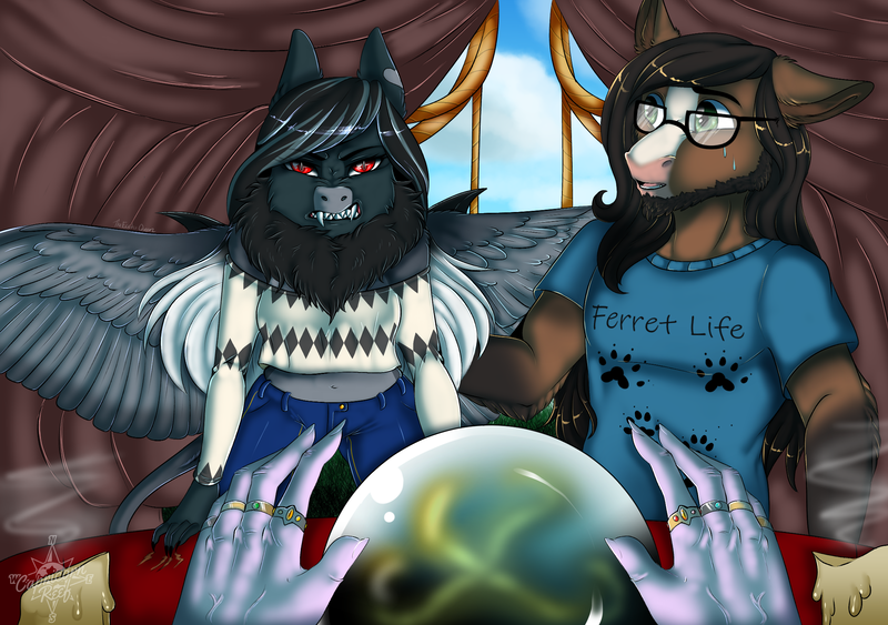 Size: 2150x1512 | Tagged: angry, anthro, anthro oc, artist:theecchiqueen, clothes, crystal ball, death by coffee, derpibooru import, female, fortune teller, male, oc, oc:pandie, oc:walter nutt, oc x oc, safe, shipping, story in the source, straight