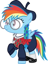 Size: 905x1200 | Tagged: safe, artist:cloudyglow, derpibooru import, rainbow dash, pegasus, pony, alternate hairstyle, american girls, beret, braid, clothes, cute, female, filly, glasses, hat, mary janes, rainbow dash always dresses in style, shoes, simple background, skirt, socks, solo, sweater, transparent background, younger