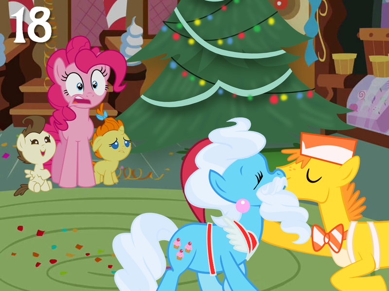 Size: 1024x768 | Tagged: safe, artist:bronybyexception, derpibooru import, carrot cake, cup cake, pinkie pie, pound cake, pumpkin cake, earth pony, pegasus, pony, unicorn, advent calendar, beard, christmas, christmas tree, facial hair, fake beard, hat, hearth's warming tree, holiday, i saw mommy kissing santa claus, i saw mommy kissing santa hooves, married couple, married couples doing married things, santa claus, santa hat, santa hooves, tree