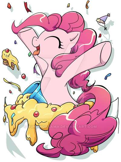 Size: 400x534 | Tagged: safe, artist:yukandasama, derpibooru import, pinkie pie, pony, cake, confetti, female, food, hat, mare, obtrusive watermark, party cannon, party hat, pocket pony, solo, tiny, tiny ponies, watermark