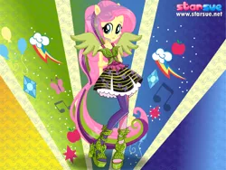 Size: 800x600 | Tagged: safe, artist:user15432, derpibooru import, fluttershy, human, equestria girls, rainbow rocks, clothes, dressup, high heels, humanized, leggings, multicolored hair, ponied up, pony ears, rainbow hair, rock and roll, rock star, shoes, starsue, winged humanization, wings