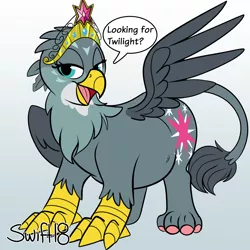 Size: 1500x1500 | Tagged: semi-grimdark, suggestive, artist:swiftsketchpone, derpibooru import, gabby, twilight sparkle, gryphon, accessory theft, belly, big crown thingy, chubby, cutie mark tattoo, cutie mark theft, dialogue, element of magic, fat, female, fetish, food chain, gabbypred, griffons doing griffon things, implied vore, jewelry, mythologically accurate, post-vore, predator, prey, preylight, regalia, solo, solo female, speech bubble, spread wings, stolen cutie marks, tattoo, trait assimilation, vore, vore transformation, wings