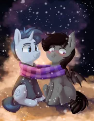 Size: 3102x4000 | Tagged: safe, artist:pucksterv, derpibooru import, oc, oc:tesseract, oc:windwalker, unofficial characters only, bat pony, pony, unicorn, :t, beanbrows, blushing, clothes, cute, eyebrows, female, male, scarf, scrunchy face, shared clothing, shared scarf, smiling, snow, snowfall, sweater