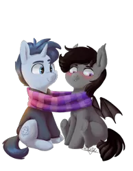 Size: 3102x4000 | Tagged: safe, alternate version, artist:pucksterv, derpibooru import, oc, oc:tesseract, oc:windwalker, unofficial characters only, bat pony, pony, unicorn, background removed, beanbrows, blushing, clothes, cute, eyebrows, female, male, scarf, scrunchy face, shared clothing, shared scarf, simple background, smiling, transparent background