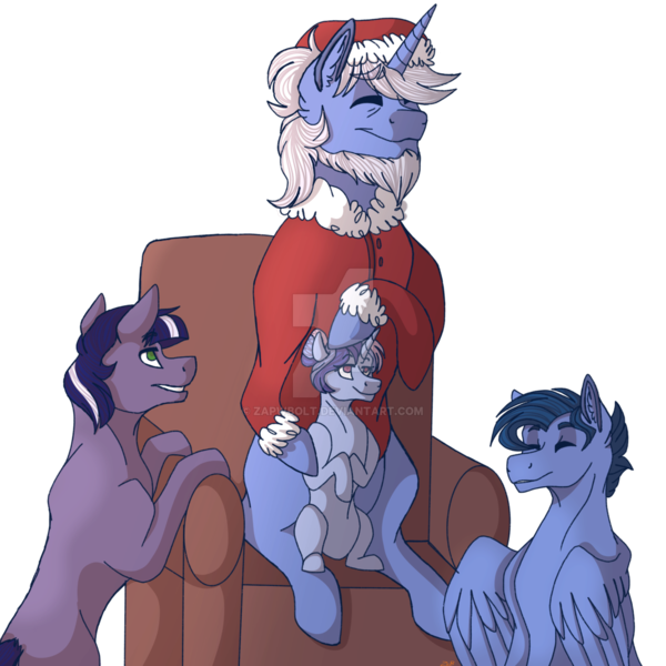 Size: 1280x1280 | Tagged: safe, artist:detoxx-retoxx, derpibooru import, oc, oc:crystal wand, oc:dusk star, oc:penumbra, oc:silver lining, unofficial characters only, earth pony, pegasus, pony, unicorn, kindverse, armchair, christmas, clothes, costume, grandfather and grandchild, hat, holiday, male, offspring, offspring's offspring, parent:oc:moonbow, parent:oc:night valley, parent:oc:orange soda, parent:oc:starstruck, parent:silver script, parent:twilight sparkle, parents:twiscript, santa costume, santa hat