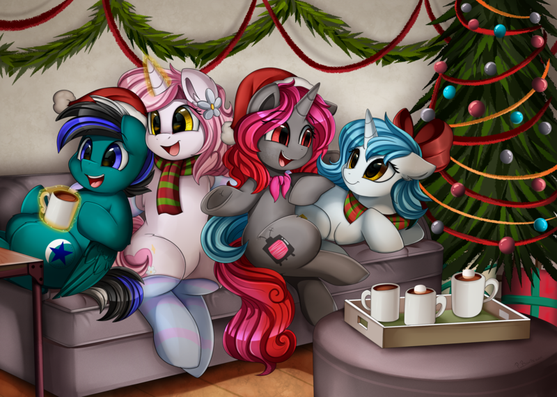 Size: 3509x2500 | Tagged: safe, artist:pridark, derpibooru import, oc, oc:astral synthesis, oc:cerulean snow, oc:faded vision, oc:lavender sketch, unofficial characters only, pegasus, pony, unicorn, bow, chocolate, christmas, clothes, commission, couch, female, food, group, hair bow, hat, holiday, hot chocolate, magic, male, mare, marshmallow, mug, present, santa hat, scarf, sitting, smiling, socks, stallion, striped socks, telekinesis