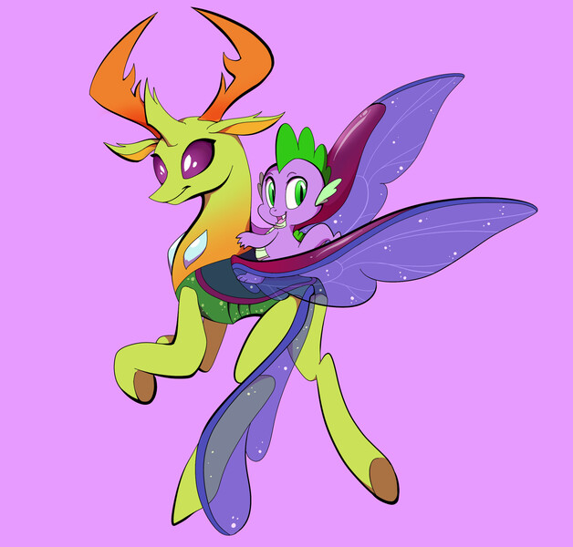 Size: 1920x1833 | Tagged: artist:toxiccaves, changedling, changeling, derpibooru import, dragon, duo, flying, king thorax, looking at you, looking back, looking back at you, male, purple background, safe, simple background, spike, thorax, underhoof
