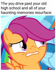 Size: 1080x1366 | Tagged: safe, derpibooru import, edit, edited screencap, editor:apex soundwave, screencap, scootaloo, pony, parental glideance, caption, cringing, female, filly, haunting, image macro, solo focus, text, uncomfortable