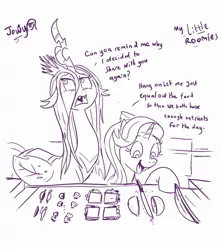 Size: 2062x2320 | Tagged: safe, artist:jowybean, derpibooru import, queen chrysalis, starlight glimmer, changeling, changeling queen, pony, unicorn, series:my little roomie, cooking, duo, equality, female, lineart, mare, monochrome, roommates, that pony sure does love equality