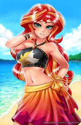 Size: 750x1160 | Tagged: safe, artist:racoonsan, derpibooru import, sunset shimmer, human, equestria girls, equestria girls series, forgotten friendship, adorasexy, armpits, beach, beach babe, beautiful, beautisexy, belly button, bikini, bikini babe, black swimsuit, bracelet, breasts, busty sunset shimmer, clothes, cloud, cute, cutie mark swimsuit, female, geode of empathy, hand on hip, human coloration, humanized, jeweled swimsuit, jewelry, looking at you, magical geodes, midriff, necklace, praise the sunset, sand, sarong, sexy, shimmerbetes, sky, smiling, solo, stupid sexy sunset shimmer, summer sunset, sunset selfie, swimsuit, water
