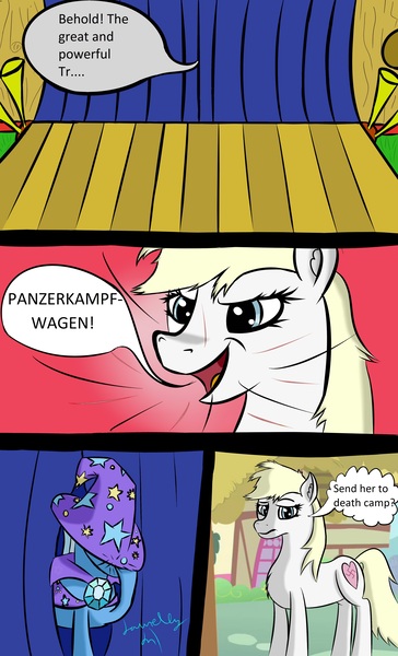 Size: 2975x4900 | Tagged: safe, artist:liksaira, derpibooru import, trixie, oc, oc:aryanne, earth pony, pony, unicorn, absurd resolution, aryan, aryan pony, behold, best, blonde, cape, chest fluff, clothes, comic, facepalm, female, german, hat, mare, nazi, nazipone, panzerkampfwagen, signature, speech bubble, swastika, world war ii