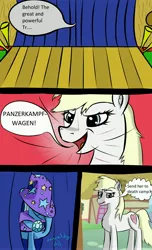 Size: 2975x4900 | Tagged: safe, artist:liksaira, derpibooru import, trixie, oc, oc:aryanne, earth pony, pony, unicorn, absurd resolution, aryan, aryan pony, behold, best, blonde, cape, chest fluff, clothes, comic, facepalm, female, german, hat, mare, nazi, nazipone, panzerkampfwagen, signature, speech bubble, swastika, world war ii