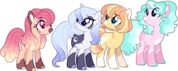 Size: 2101x840 | Tagged: safe, artist:s1nb0y, derpibooru import, oc, unofficial characters only, earth pony, pegasus, pony, unicorn, female, magical lesbian spawn, mare, offspring, parent:applejack, parent:fluttershy, parent:nurse redheart, parent:pinkie pie, parent:princess celestia, parent:princess luna, parent:rarity, parent:sugar belle, parents:appleheart, parents:pinkielestia, parents:rariluna, parents:sugarshy, simple background, transparent background