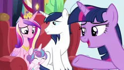 Size: 1280x720 | Tagged: safe, derpibooru import, screencap, princess cadance, princess flurry heart, twilight sparkle, twilight sparkle (alicorn), alicorn, pony, unicorn, winterchilla, best gift ever, chair, female, giggling, lidded eyes, the true gift of gifting, winterzilla