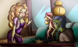 Size: 2800x1700 | Tagged: safe, artist:elmutanto, derpibooru import, adagio dazzle, sunset shimmer, oc, oc:rally flag, equestria girls, angry, blushing, cafe, clothes, couch, crown, crown of aphrosia, fingerless gloves, glass, gloves, jewelry, pointing, regalia