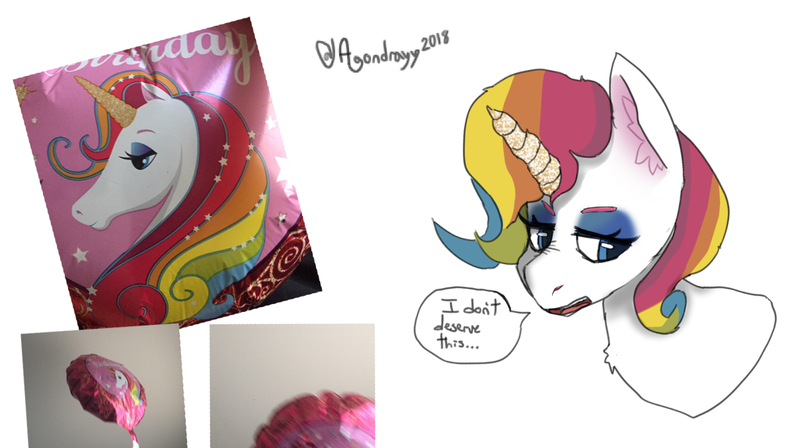 Size: 1210x678 | Tagged: safe, artist:itzdatag0ndray, derpibooru import, oc, pony, unicorn, balloon, birthday, bust, ear fluff, eyeshadow, horn, makeup, multicolored hair, rainbow hair, simple background, solo, sparkles, unicorn oc