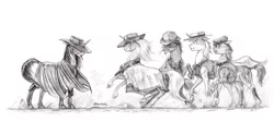 Size: 1024x460 | Tagged: safe, artist:baron engel, derpibooru import, oc, unofficial characters only, earth pony, pony, unicorn, cigarette, clothes, female, grayscale, hat, hat over eyes, male, mare, monochrome, pencil drawing, poncho, rearing, serape, simple background, stallion, story included, traditional art, white background