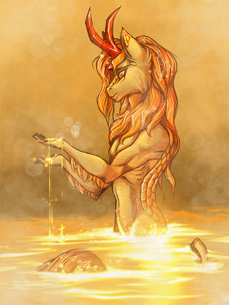 Size: 500x667 | Tagged: anthro, anthro oc, artist:bluekite-falls, artist:sky-railroad, derpibooru import, digital art, glow, gold, implied nudity, kirin, kirin oc, male, molten gold, oc, oc:fire treasure, solo, suggestive, unofficial characters only