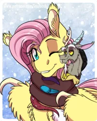 Size: 966x1200 | Tagged: safe, artist:inuhoshi-to-darkpen, derpibooru import, discord, fluttershy, draconequus, pony, cheek fluff, chest fluff, clothes, clothes imitation, coils, disclothes, discoshy, ear fluff, female, male, mare, one eye closed, scarf, shipping, straight, wing claws, wing fluff, wink