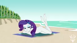 Size: 6830x3840 | Tagged: suggestive, artist:legendaryspider, derpibooru import, rarity, equestria girls, ass, barefoot, beach, beach babe, beach towel, bedroom eyes, breasts, butt, crossed arms, feet, female, image, legs, looking at you, nudity, ocean, png, practitioner of naturism, rearity, relaxing, sand, sexy, show accurate, show accurate porn, smiling, solo, solo female, towel, tree, water, watermark