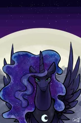 Size: 1060x1607 | Tagged: safe, artist:greyscaleart, derpibooru import, princess luna, pony, constellation freckles, ethereal mane, female, flowing mane, freckles, galaxy mane, looking at you, mare, missing accessory, solo