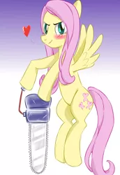 Size: 1100x1600 | Tagged: safe, artist:tastyrainbow, derpibooru import, fluttershy, pegasus, pony, .mov, shed.mov, blushing, chainsaw, cute, early concept, fluttershed, gradient background, heart, pony.mov, saw