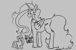 Size: 1280x838 | Tagged: dead source, safe, artist:greyscaleart, derpibooru import, princess celestia, twilight sparkle, alicorn, pony, unicorn, the tiny apprentice, alternate cutie mark, crown, editorial cutie mark, eyebrows visible through hair, female, filly, grayscale, jewelry, lineart, mare, monochrome, regalia, smol, speech, talking, this will end in conquest, tyrant sparkle, unicorn twilight, worried