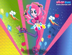 Size: 795x600 | Tagged: safe, artist:user15432, derpibooru import, pinkie pie, human, equestria girls, rainbow rocks, clothes, dressup, drumsticks, fingerless gloves, gloves, high heels, humanized, leggings, multicolored hair, ponied up, pony ears, rainbow hair, rock and roll, rockstar, shoes, starsue