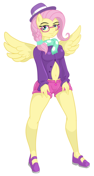 Size: 1024x1902 | Tagged: alternate hairstyle, anthro, artist:wangkingfun, belly button, breasts, clothes, derpibooru import, feet, female, fluttershy, glasses, hat, hipstershy, hot pants, looking at you, mare, plantigrade anthro, race swap, scarf, shoes, shorts, simple background, suggestive, transparent background, unbuttoned, wings