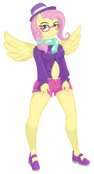 Size: 1024x1902 | Tagged: alternate hairstyle, anthro, artist:wangkingfun, belly button, breasts, clothes, derpibooru import, feet, female, fluttershy, glasses, hat, hipstershy, hot pants, looking at you, mare, plantigrade anthro, race swap, scarf, shoes, shorts, simple background, suggestive, transparent background, unbuttoned, wings