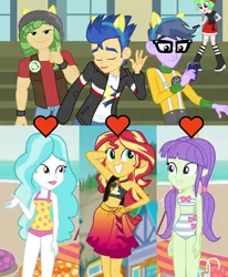 Size: 1471x1784 | Tagged: safe, derpibooru import, edit, edited screencap, screencap, flash sentry, microchips, paisley, sandalwood, starlight, sunset shimmer, watermelody, equestria girls, equestria girls series, forgotten friendship, friendship games, lost and found, background human, bandeau, beach, bikini, clothes, cropped, dancing, female, flashimmer, geode of empathy, heart, magical geodes, male, midriff, mobile phone, one-piece swimsuit, paisandal, phone, pony ears, sarong, shipping, shipping domino, starchips, straight, swimsuit, thumbs up, tongue out, triple shipping domino