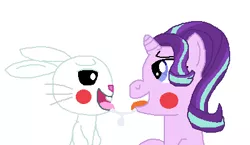 Size: 429x248 | Tagged: suggestive, artist:drypony198, derpibooru import, angel bunny, starlight glimmer, pony, unicorn, blush sticker, blushing, drool, drool string, female, interspecies, kissing, male, shipping, starbunny, straight, tongue out