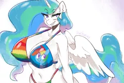 Size: 3000x2000 | Tagged: anthro, artist:kaikururu, big breasts, bikini, breasts, busty princess celestia, cleavage, clothes, derpibooru import, erect nipples, female, huge breasts, nipple outline, princess celestia, rainbow dash, rainbow dash bikini, solo, solo female, suggestive, swimsuit