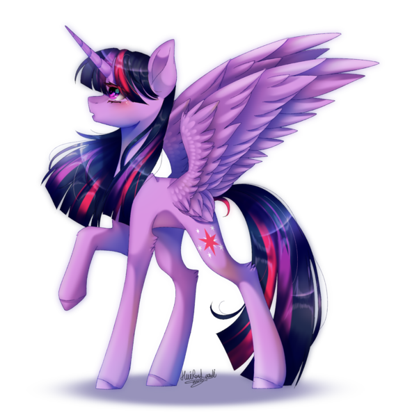 Size: 1324x1396 | Tagged: safe, artist:huirou, derpibooru import, twilight sparkle, twilight sparkle (alicorn), alicorn, pony, blushing, eyelashes, female, horn, looking up, mare, open mouth, raised hoof, side view, signature, simple background, solo, spread wings, transparent background, windswept mane, wings