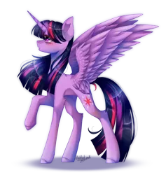 Size: 1324x1396 | Tagged: safe, artist:huirou, derpibooru import, twilight sparkle, twilight sparkle (alicorn), alicorn, pony, blushing, eyelashes, female, horn, looking up, mare, open mouth, raised hoof, side view, signature, simple background, solo, spread wings, transparent background, windswept mane, wings