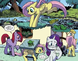 Size: 819x637 | Tagged: safe, artist:pencils, derpibooru import, idw, fluttershy, rarity, unnamed character, unnamed pony, frog, pony, skunk, turtle, spoiler:comic, spoiler:comic73, animal, butt, cute, fart joke, female, flutterskunk, image, implied farting, jpeg, not fabulous, plot, smelly