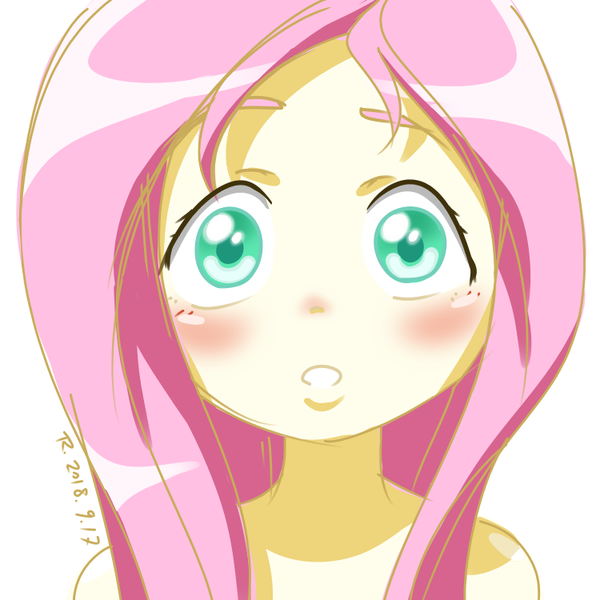 Size: 750x750 | Tagged: safe, artist:tastyrainbow, derpibooru import, fluttershy, equestria girls, bare shoulder portrait, bare shoulders, big eyes, blushing, bust, cute, implied nudity, looking at you, pink hair, portrait