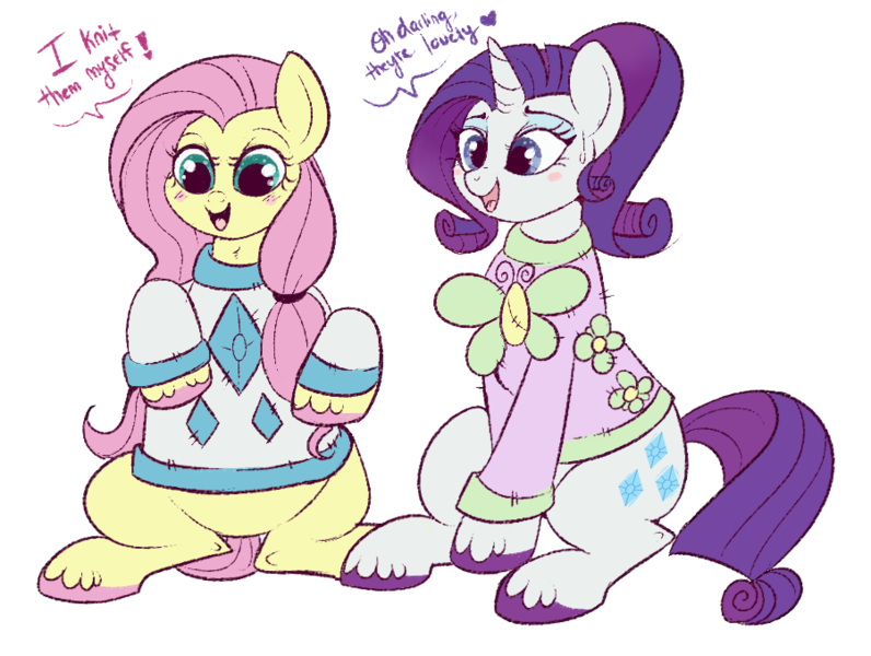 Size: 900x678 | Tagged: safe, artist:lulubell, derpibooru import, fluttershy, rarity, pegasus, pony, unicorn, clothes, female, flarity, lesbian, mare, matching outfits, shipping, sweater, ugly sweater