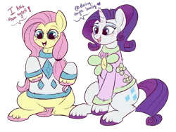 Size: 900x678 | Tagged: safe, artist:lulubell, derpibooru import, fluttershy, rarity, pegasus, pony, unicorn, clothes, female, flarity, lesbian, mare, matching outfits, shipping, sweater, ugly sweater