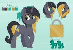 Size: 4223x2898 | Tagged: safe, artist:thegamblehorse, deleted from derpibooru, derpibooru import, oc, oc:gilded grooves, unofficial characters only, pony, unicorn, bandana, cute, cute little fangs, cutie mark, fangs, female, height scale, reference sheet, solo