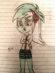 Size: 2448x3264 | Tagged: safe, artist:michaelmaddox222, deleted from derpibooru, derpibooru import, lyra heartstrings, equestria girls, bondage, clothes, colored, cute, female, lined paper, looking at you, lyrabetes, shorts, signature, smiling, smiling at you, solo, straitjacket, teenager, traditional art