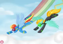 Size: 1062x753 | Tagged: artist:raspberrystudios, clothes, derpibooru import, flight trail, flying, goggles, lightning dust, race, rainbow dash, safe, sky, uniform, updated, washouts uniform, wonderbolts uniform